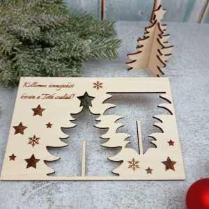 Karácsonyi fa képeslap egyedi felirattal, kivehető karácsonyfa dísszel