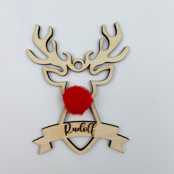 Rudolf karácsonyfadísz piros orral és egyedi névvel